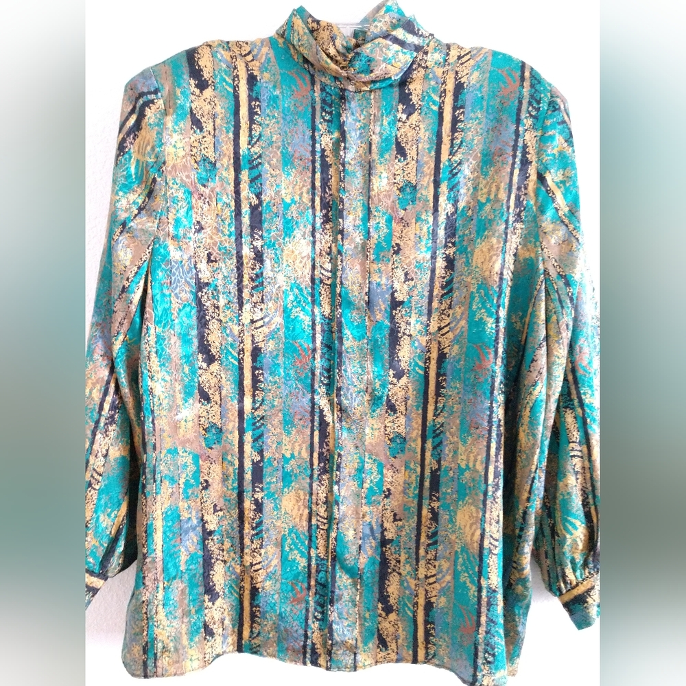 Vintage Fitting Image Stunning Blouse Green Gold Black Shiny Sheen USA Size 18